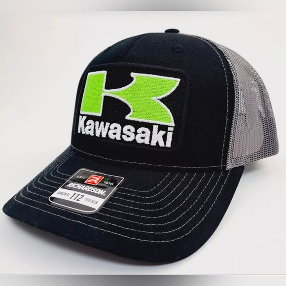 Kawasaki Retro 80s Racing Biker Embroidered Patch Richardson 112 Mesh MX SXS Hat Vintage Kawasaki patch on a Richardson 112 trucker hat  main image 2